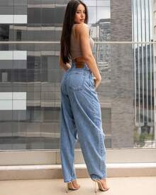 Women's Balloon Jeans, High Waist, Basic, Sky - Light Wash - View 2
