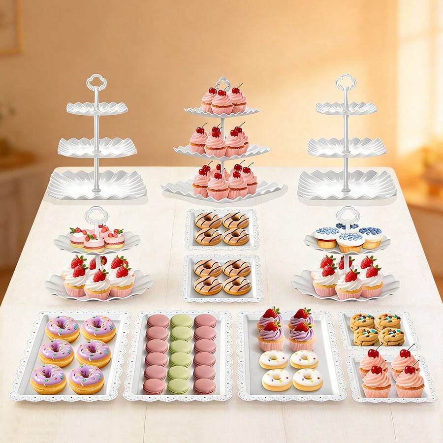 Hetorosu 12Pcs Dessert Table Display Set, Cupcake Stand, 3-Tier Cup Cake Tower Stands & 2-Tiered Cake Holder, Treat Food Platters Serving Trays For Cookie, Candy, Tea Party, Birthday, Plastic