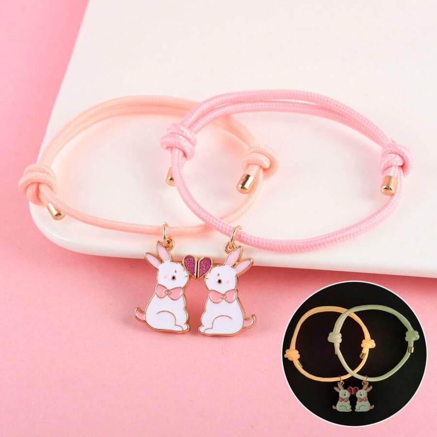 2Pcs/Set Rabbit Heart-Shaped Stitching Luminous Rope Best Friend Bracelet For Women Fashion Friendship Gifts - Rabbit Bracelet - View 1
