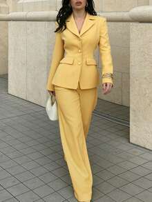 女士优雅修身单排扣浅黄色西装外套，适合通勤、外出、度假、派对和街头摄影等场合，春季必备。 - 黃色 - 查看 3