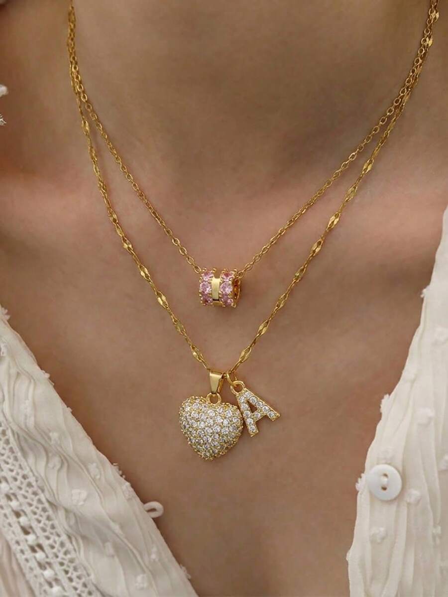 Bộ 2 món trang sức cao cấp, sang trọng, đính đá Zirconia hình trái tim và mặt dây chuyền chữ cái nhỏ, dây chuyền nhiều lớp bằng thép không gỉ, món quà lý tưởng dành cho bạn gái, mẹ, gia đình, bạn bè, trẻ em gái nhân dịp kỷ niệm, Ngày Valentine, sinh nhật. - Vàng - Xem 1