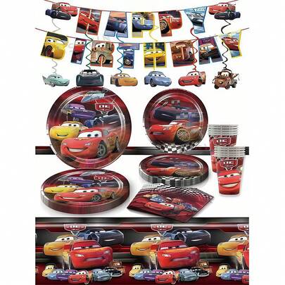 Juego de vajilla desechable con temática de carreras para fiesta infantil, platos, vasos y servilletas de papel con diseño de autos de carreras y el personaje Rayo McQueen