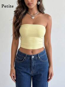 Top scurt GlamSlay Petite pentru femei, la modă, fără bretele, croit - Design ușor și elegant, potrivit pentru ținute de stradă, casual, festivaluri de vară și purtare zilnică, vacanță, potrivire de culori solide - Galben - Vizualizare 1