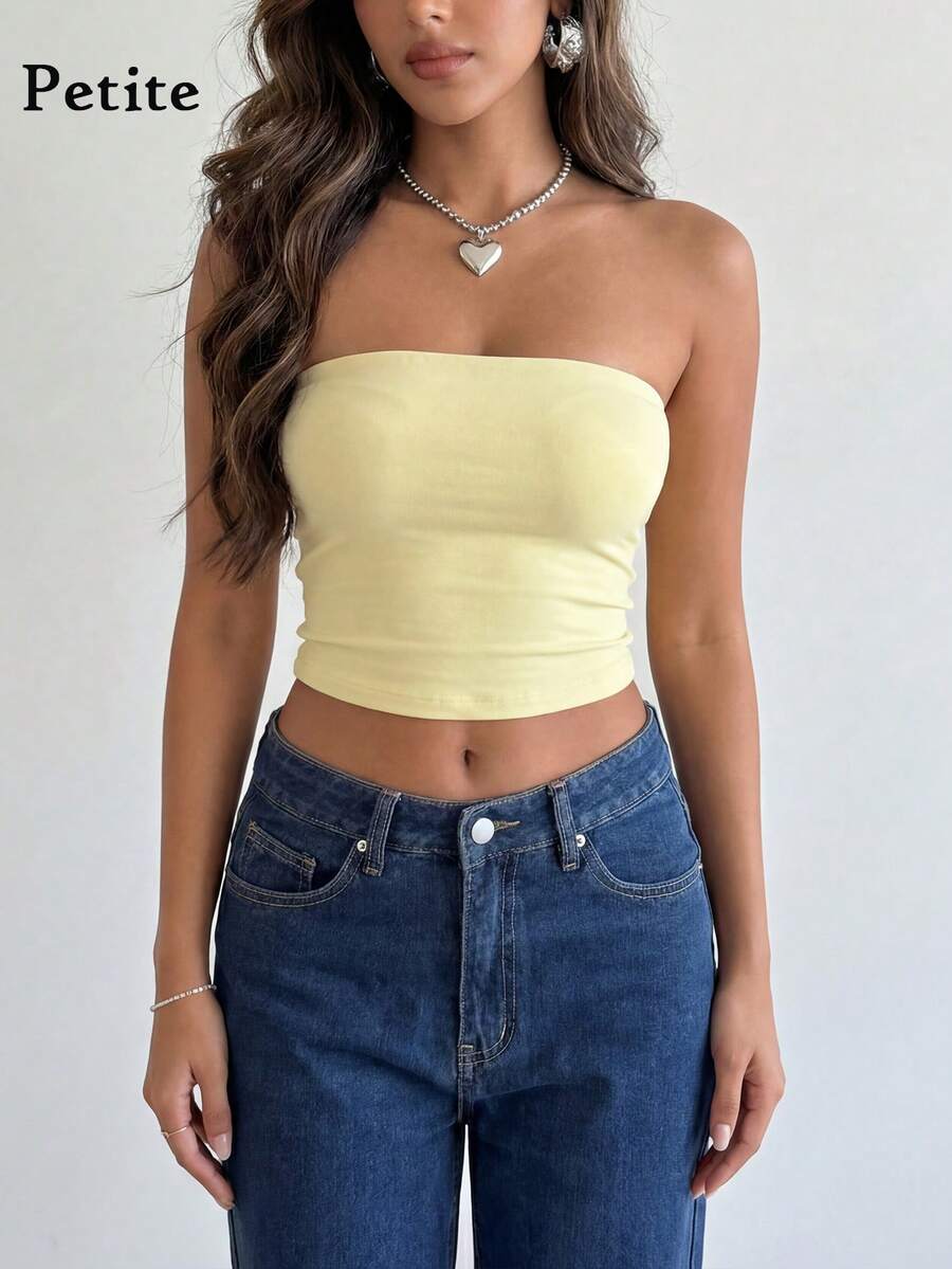 Top scurt GlamSlay Petite pentru femei, la modă, fără bretele, croit - Design ușor și elegant, potrivit pentru ținute de stradă, casual, festivaluri de vară și purtare zilnică, vacanță, potrivire de culori solide - Galben - Vizualizare 1
