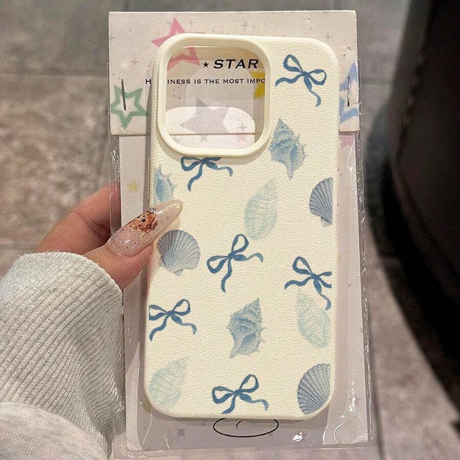 1pc TPU Material Fresh Light Blue Shell Butterfly Pattern Phone Case Compatible With Apple 17 Pro Max/17/16 Pro Max/15/13/12/11, S20 FE/A15/S24/A55, Note 11/Note 12/Note 13 Pro, Full Coverage Anti-Drop Soft Protective Phone Cover - White - View 1