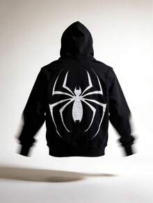 Y2k Spider Zip Up Hoodies,Oversized Vintage Pullover Style Streetwear For Teen Girls Long Sleeve Couple Sweatshirt,All Zipper Jackets With Eyeglass Patterns Coat,Gothic Punk Rock Hip-Hop Style,Men's Autumn And Winter Clothing,Women's Autumn And Winter Clothing,Knit Fabric, For Hiking & Outdoor Activities - 黑色 - 查看 3