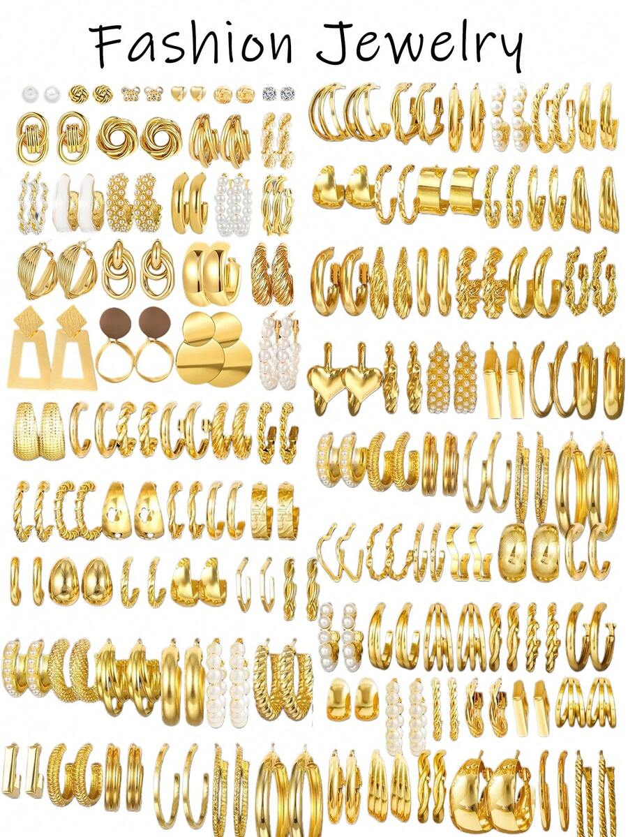 Set aleatorio de 12 piezas/24 piezas/48 piezas de pendientes de aro y pendientes de perlas falsas con diseño geométrico irregular y simple de metal, adecuado para mujeres, parejas, vacaciones, citas, uso diario, fiestas, bodas, regalo del Día de San Valentín para novia, mamá - Amarillo Oro - Ver 1