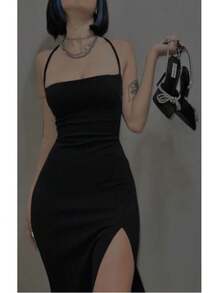Elegant Maxi Slit Long Dress In Suplex Fabric With Lace Back - màu đen - Xem 4