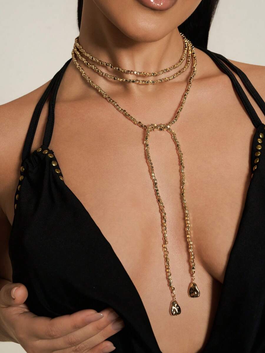 Altistry 1 件奢华闪亮 CBB 仿金属串珠长项链，个性化金属圆盘流苏吊坠项链，适合女士，适合派对、礼物和日常佩戴 - 金色 - 查看 1