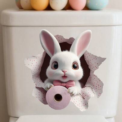 1/2 piezas Pegatina autoadhesiva para inodoro. PVC impermeable y removible. Diseño de un lindo conejo sosteniendo un rollo de papel higiénico en un estilo de agujero en la pared. Adecuado para decoración de dormitorio y hogar.