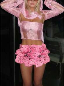 Women's 3D Floral Skirt, High Waist Textured Flower Applique A-Line Midi Skirt For Party, Wedding, Streetwear - Màu Hồng Tươi - Xem 3