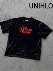 Disney UNIHLO   GETIFREE PIZZAVHEN YOU ORDER2 LARGE PIZZAS  Printed Summer Heavyweight Retro Washed Street Fashion Casual T-Shirt - 黑色 - 查看 5