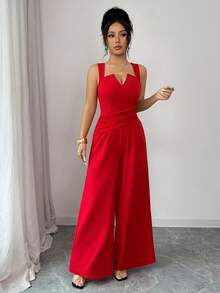 abyoxi Burgundy Pleated Jumpsuit - Luxurious Elegant Style - Red - View 5