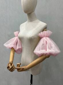 1pc White Double-Layer Mesh Puff Sleeve Cuffs With Elastic, Wedding Dress Accessory Autumn Accessories - Multicolor - View 24