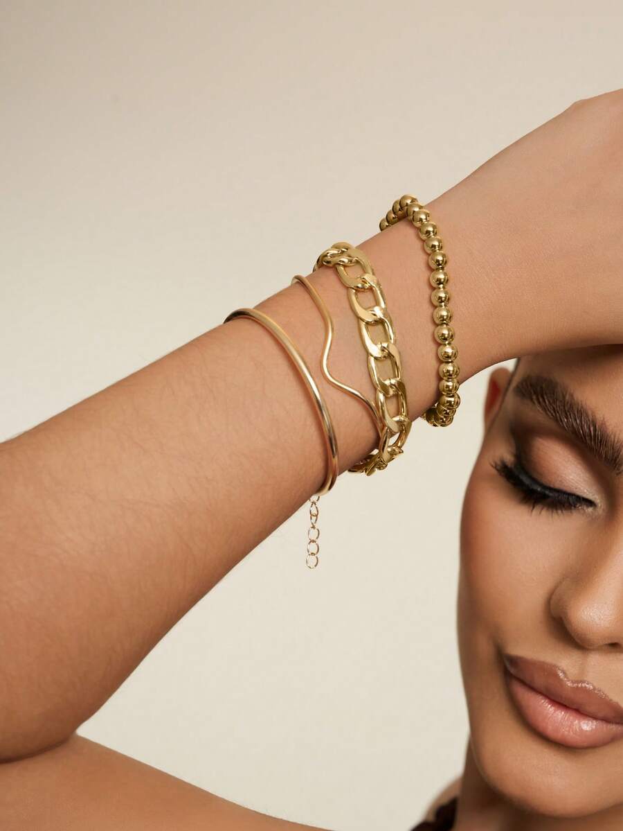 Altistry 4pcs Asymmetrical Chain Beaded Gold-Color Bracelet Set - Yellow Gold - View 1