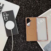 极简商务荔枝纹PU皮革电镀折叠手机壳，兼容三星Galaxy Z Fold 7/6/5/4/3 – 支持无线充电，全方位保护防震后盖 - 芥末黃 - 查看 10