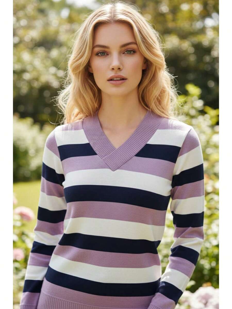 Women's Striped Sweater Top | Women's Long Sleeve Striped Top | Striped V-Neck Top - 淡紫色-海軍藍 - 查看 1