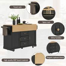 Extendable Double-Side Kitchen Trolley With Casters 120x40(80)X95cm - Kitchen Island Cabinet Sideboard With Towel Rail, Spice Rack, 2 Doors & 3 Drawers (Black/White) - Black - View 8