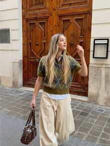 2026 Women's Spring/Summer New Rhombus Pattern Breathable Polo Collar Short Sleeve Knit Top - Multicolor - View 6