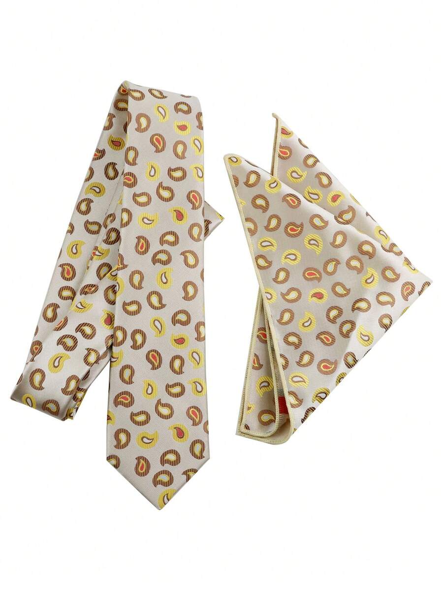 ZLQ&GOU 2 件套米色腰果花纹男士涤纶提花领带和口袋巾，商务休闲正装领带 - 杏色 - 查看 1