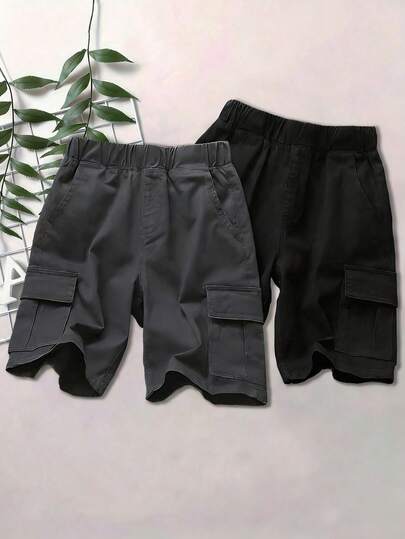 2pcs Tween Boys' Casual Sports Outdoor Cargo Shorts, Spring/Summer