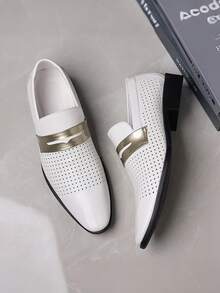 1 Pair Men's Pointed Toe PU Leather Rubber Sole Comfortable Business Casual Perforated Loafers, Suitable For Business Occasions - White - View 3