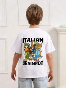 Camiseta de manga corta con cuello redondo y estampado gráfico "Italian Brainrot" para niño preadolescente, top de moda de verano para niños - Blanco - Ver 5