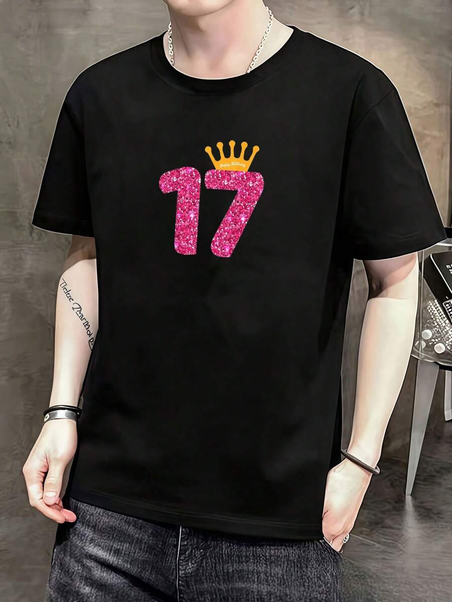 Camiseta de feliz cumpleaños para niñas, de 17 años, camiseta de cumpleaños de 17 años Camiseta de manga corta de algodón de 220 g, impresión por una cara - Negro - Ver 1