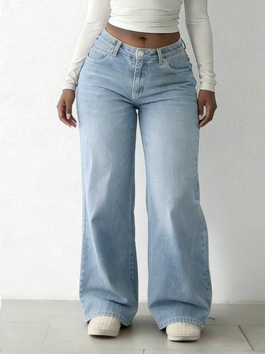 Quần jeans ống rộng dáng suông, chất liệu wash, dành cho người có thân hình mũm mĩm, thích hợp mặc vào mùa xuân. - Rửa nhẹ - Xem 1