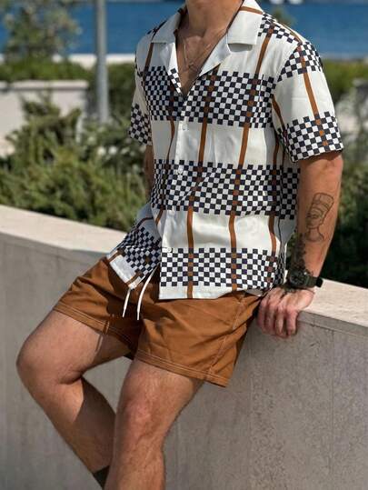 Men's Beach Vacation Style Short Sleeve Shirt And Casual Shorts Set, Suitable For Summer