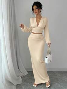 2pcs Set: Deep V-Neck Long Sleeve Ruched Top And Fitted Side Slit Maxi Skirt, Fashionable Casual Sexy, Suitable For Commuting, Minimalist Elegant, Spring/Summer New Women Outfit - Light Apricot - View 5