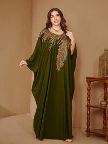 Đầm dạ hội dài tay cổ tròn phối sequin bằng vải satin của SUPGIR dành cho nữ, mùa xuân. - Màu xanh Ô liu - Xem 6