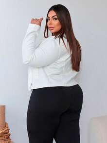 Jaqueta feminina casual elegante de camurça com zíper, mangas regulares na altura do pulso e gola decotada - Branco - Visão 3