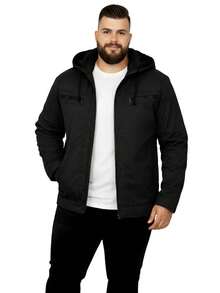 Men's Plus Size Lined Twill Jacket With Pockets - Black - View 2
