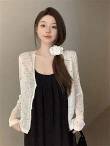 女士波点V领长袖针织罩衫，轻薄透气，休闲甜美，春夏款 - 杏色 - 查看 6