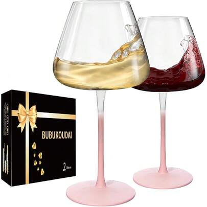 2Pcs 24Oz Pink Crystal Wine Glasses Long Stem Hand-Blown Thin Rim Dishwasher  With Gift Box For Women Wife Girlfriend Mom Unique Modern Design
