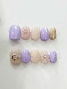 10片手工美甲贴纸，短椭圆形指甲，紫色指甲，清新甜美风格，粉色系列，闪亮猫眼，手绘格子，3D花朵铆钉装饰，可爱简约美甲贴纸，适合女性和女孩，春、夏、秋、冬四季皆宜，节日、派对和日常美甲用品 - 淡紫色 - 查看 1