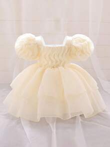 Baby Girls' Square Neck Ruffle Organza Cute Minimalist Princess Dress, Suitable For 1st Birthday Party, Wedding, Banquet, Vacation, Photo Shoot, Excluding Headband - Champagne - View 3