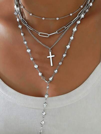 4pcs Vintage Punk Minimalist Bohemian Style Faux Pearl Y-Shaped Cross Layered Necklace Set, Ideal Daily, Date, Holiday Wear And Gift For Girlfriend