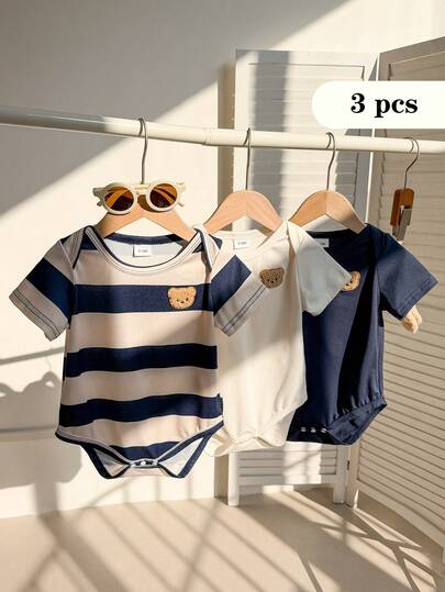 3件套男婴夏季可爱小熊图案连体衣套装，舒适百搭，适合日常、户外、旅行、聚会和通勤穿着。