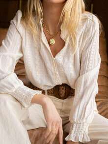 ii Blusa de malla bordada elegante y casual de primavera en color blanco para mujer - Blanco - Ver 4