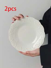 1件/2件装法式复古浮雕早餐盘、简约甜点盘、沙拉盘、水果盘、陶瓷蛋糕盘、意面盘、盛菜盘 - 彩色 - 查看 15