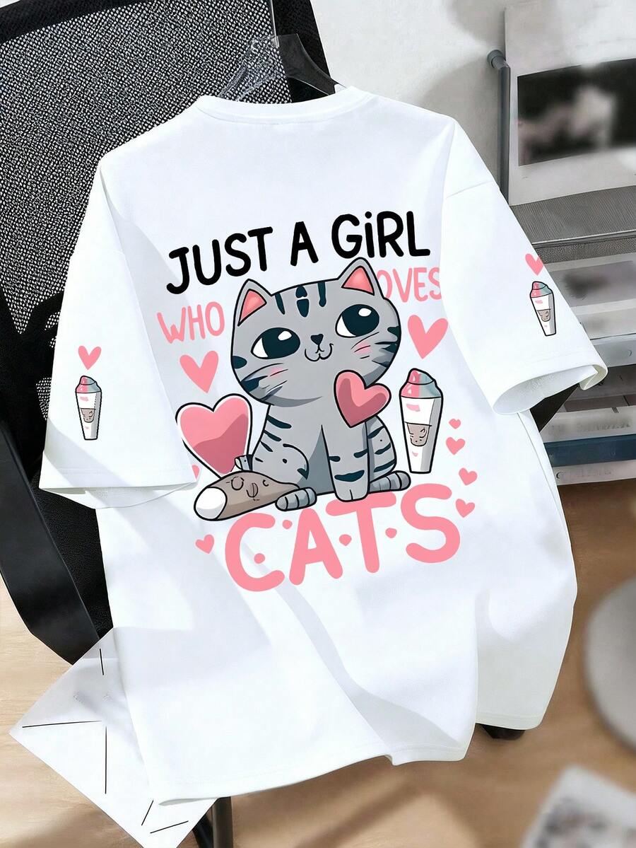 Girls' Cartoon Cat & Heart Print Round Neck Short Sleeve T-Shirt, Casual Soft Top For Summer - White - View 1