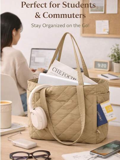 1 pieza Bolso de tote acolchado de gran capacidad para mujeres, adolescentes y estudiantes, bolso de hombro ligero y suave de tela, con bolsillo externo, cabe laptop, libros, botella de agua y artículos esenciales diarios, tote de unicolor casual, bolso para volver a la escuela, campus universitario, oficina, trabajo, compras diarias y viajes