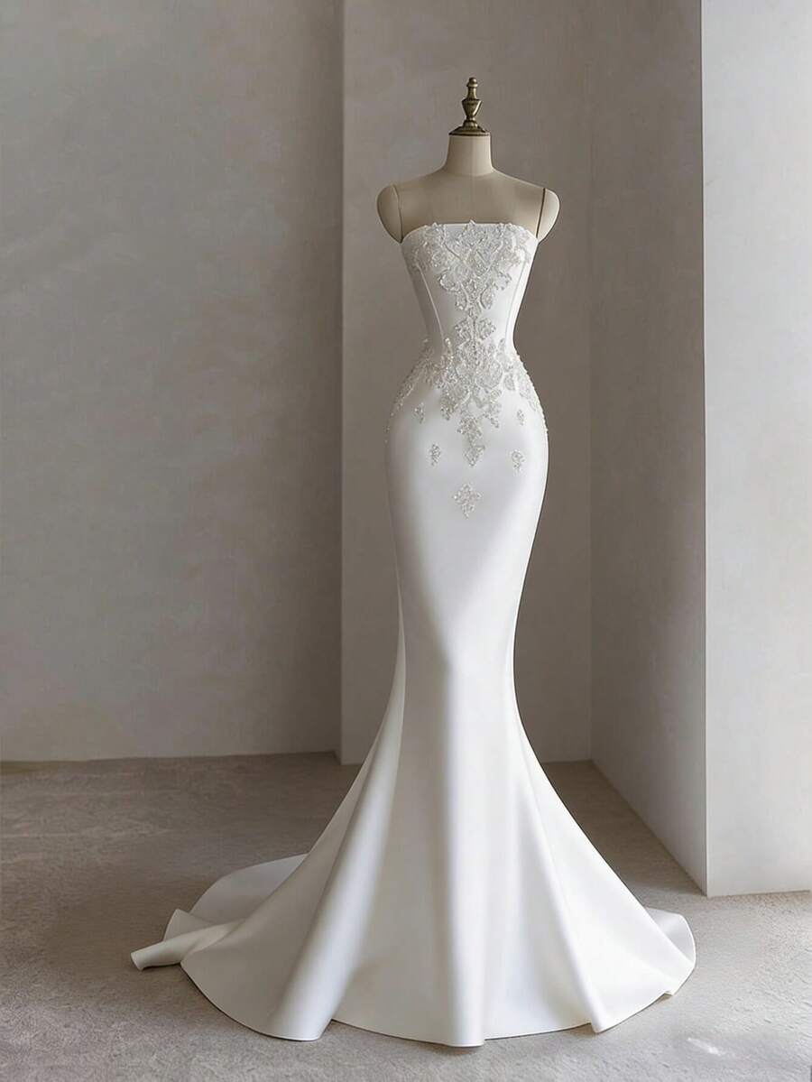 Alluring Strapless Mermaid Wedding Dress With Open Back In Satin – Sophisticated Floor-Length Bridal Gown Featuring A Flattering Corset Bustier, Daring Backless Design, And Figure-Hugging Mermaid Silhouette In Lustrous Satin, Perfect For Weddings, Christmas Galas, Halloween Balls, Formal Dances, Birthday Celebrations, And Special Evening Events. A Versatile Choice For Wedding Receptions, Holiday Parties, Anniversary Dinners, Luxury Getaways, Black-Tie Occasions, Cocktail Gatherings, Bridal Showers, Wedding Guest Attire, Graduation Formals, Homecoming Events, And As A Dramatic Bridesmaid Or Statement Evening Gown. - 白色 - 查看 1