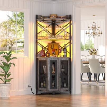 Muebles de cocina, vinoteca con luces LED, barra de bar para el hogar, con toma de corriente, botellero de cinco niveles para copas de vino, mueble de almacenaje, ideal para comedores, salas de estar y despachos