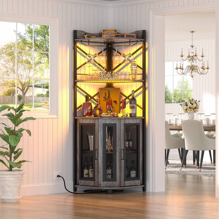 Muebles de cocina, vinoteca con luces LED, barra de bar para el hogar, con toma de corriente, botellero de cinco niveles para copas de vino, mueble de almacenaje, ideal para comedores, salas de estar y despachos