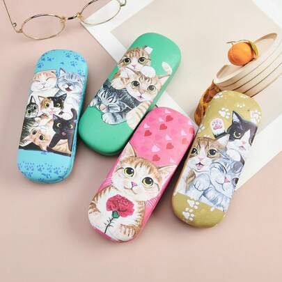 1个可爱猫咪印花眼镜盒，卡通猫咪眼镜盒，双面开口，便携式防震时尚眼镜/眼镜收纳盒，男女通用，节日礼物