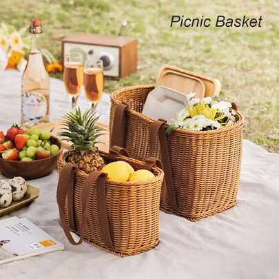 1个复古风格编织野餐篮，可用作购物篮、果蔬收纳篮、野餐用品篮、大号花篮，带提手，户外装饰，实用编织购物袋，适合野餐、海滩、草坪户外摄影，也可用作编织复活节篮，容量大。