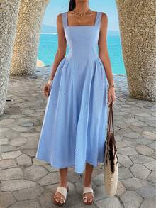 Unadoll Women's Summer Casual Elegant Dress, With Thick Shoulder Straps, Back Zipper Design, Blue And White Checkered Fabric, Suitable For Dates, Beach, Vacations, Birthdays, And Travel Outfits - Blue - View 5